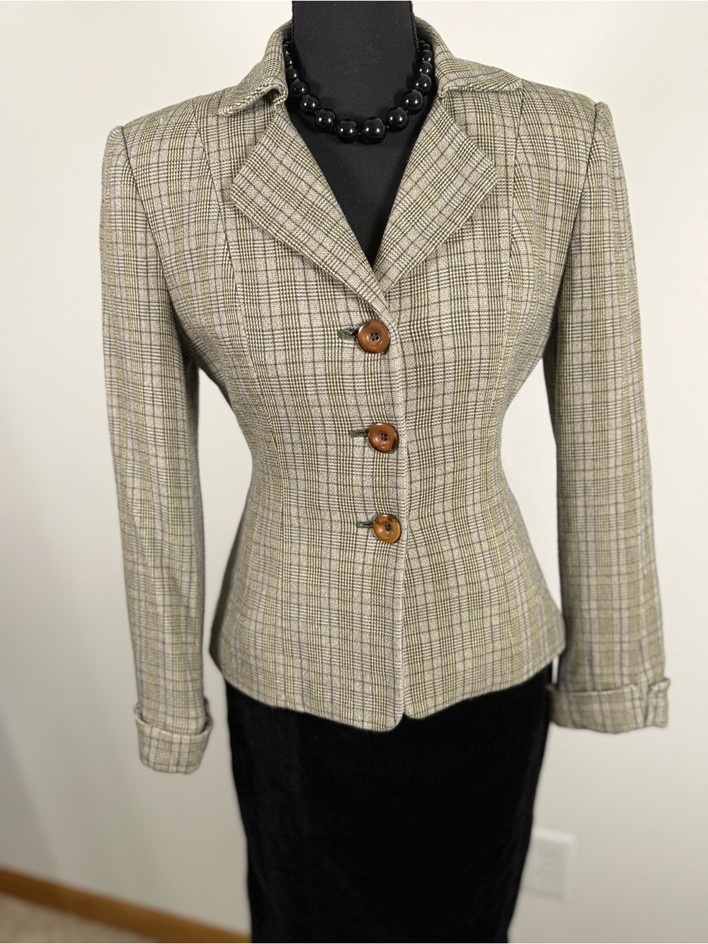 Vintage 90s Petite Sophisticate Plaid Rayon Fitted Blazer Jacket Size 2